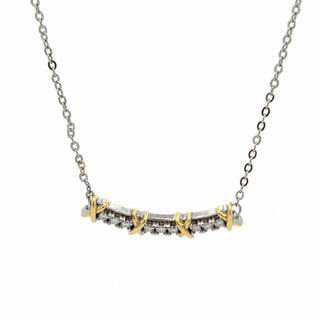 Two-tone x accent curved bar moissanite necklace in two-tone sterling silver and yellow gold vermeil