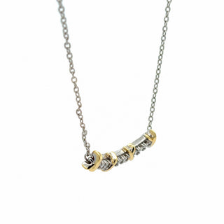 Two-tone x accent curved bar moissanite necklace in two-tone sterling silver and yellow gold vermeil, view 2