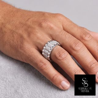Watch-Band Link Eternity Band Moissanite Ring in sterling silver, worn on hand