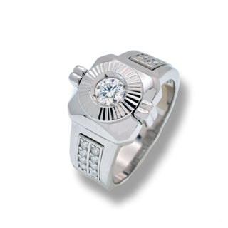 Watch-Face Fluted Bezel Signet with Pavé Sides Moissanite Ring in sterling silver