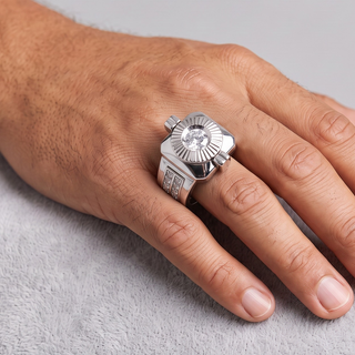 Watch-Face Fluted Bezel Signet with Pavé Sides Moissanite Ring in sterling silver, worn on hand