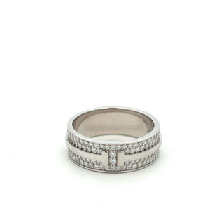 Wide double-row pavé band with center bar moissanite ring in sterling silver