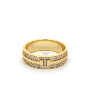 Wide double-row pavé band with center bar moissanite ring in yellow gold vermeil over sterling silver