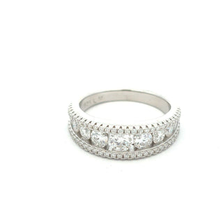 Wide round-stone band with beaded pavé edges moissanite ring in sterling silver