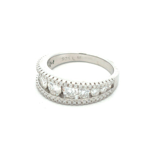 Wide round-stone band with beaded pavé edges moissanite ring in sterling silver, view 2
