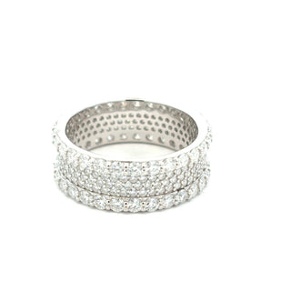 Wide three-row pavé eternity band moissanite ring in sterling silver