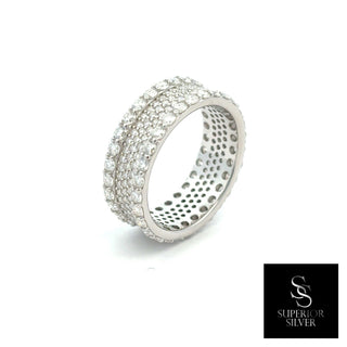 Wide three-row pavé eternity band moissanite ring in sterling silver, view 2