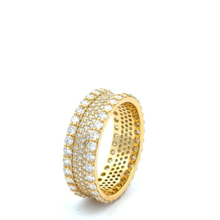 Wide three-row pavé eternity band moissanite ring in yellow gold vermeil over sterling silver