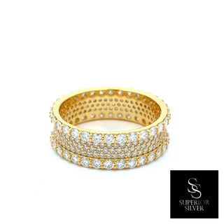 Wide three-row pavé eternity band moissanite ring in yellow gold vermeil over sterling silver, view 2