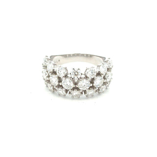 Wide three-row round cluster band moissanite ring in sterling silver