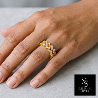 Zigzag Prong-Set Stackable Band Pair Moissanite Ring in yellow gold over sterling silver, worn on hand